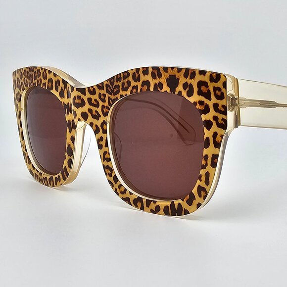 Illesteva Hamilton Co. 3 Cheetah Clear Frame Brown Lens Cat Eye Sunglasses Italy